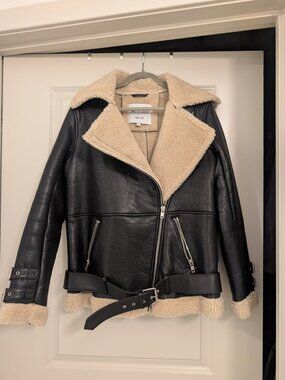 Black Sheepskin Leather & Shirling Aviator/Moto Jacket | Walter Baker New York